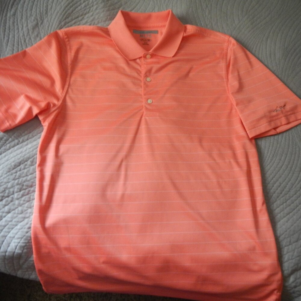 Greg Norman Men's Med. Play Dry ML 75 Soft Orange Striped Wickaway Golf Shrt
